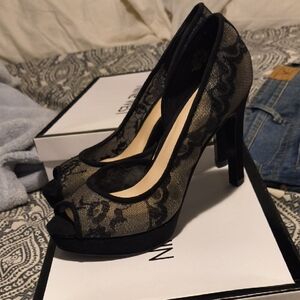 Nine West Black Lace Peep-Toe Heels